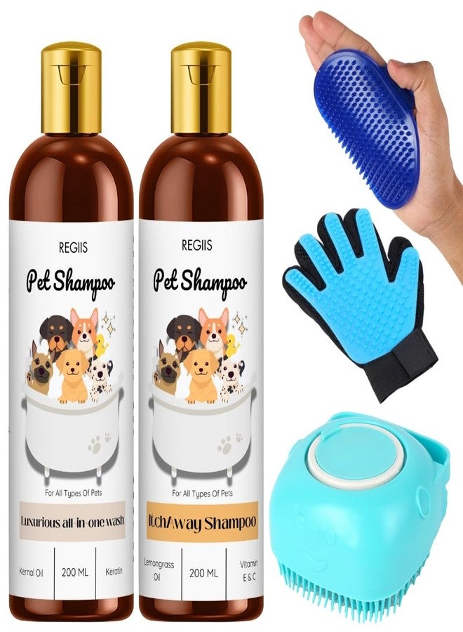 REGIIS Pet Grooming Kit with Shampoo Set, 2 x 200ml All-in-One and Itch Away Formula, Silicone Brush, Deshedding Glove, Blue Massage Comb(PACK OF 5) - Image 1